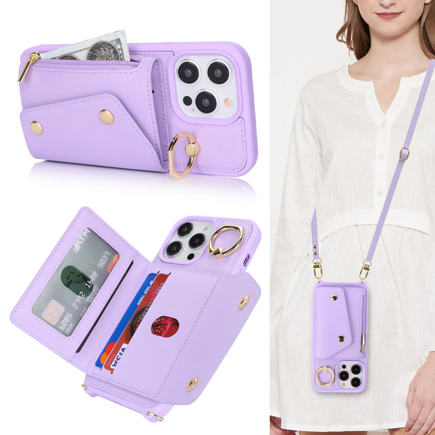 Lipvina For Iphone 15 Pro Max Case With Card Holder And Strap - Zipper Pocket,Crossbody Lanyard Strap,Credit Card Holder,Stand R