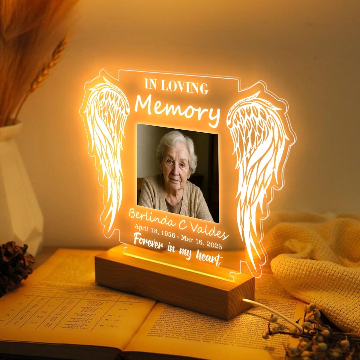Personalized Memorial Picture Frame Night Light Lamp, Sympathy Gift for Loss of Loved One, in Memory of Dad, Mom, Husband, Sister, Friend, Funeral Mourning Ideas