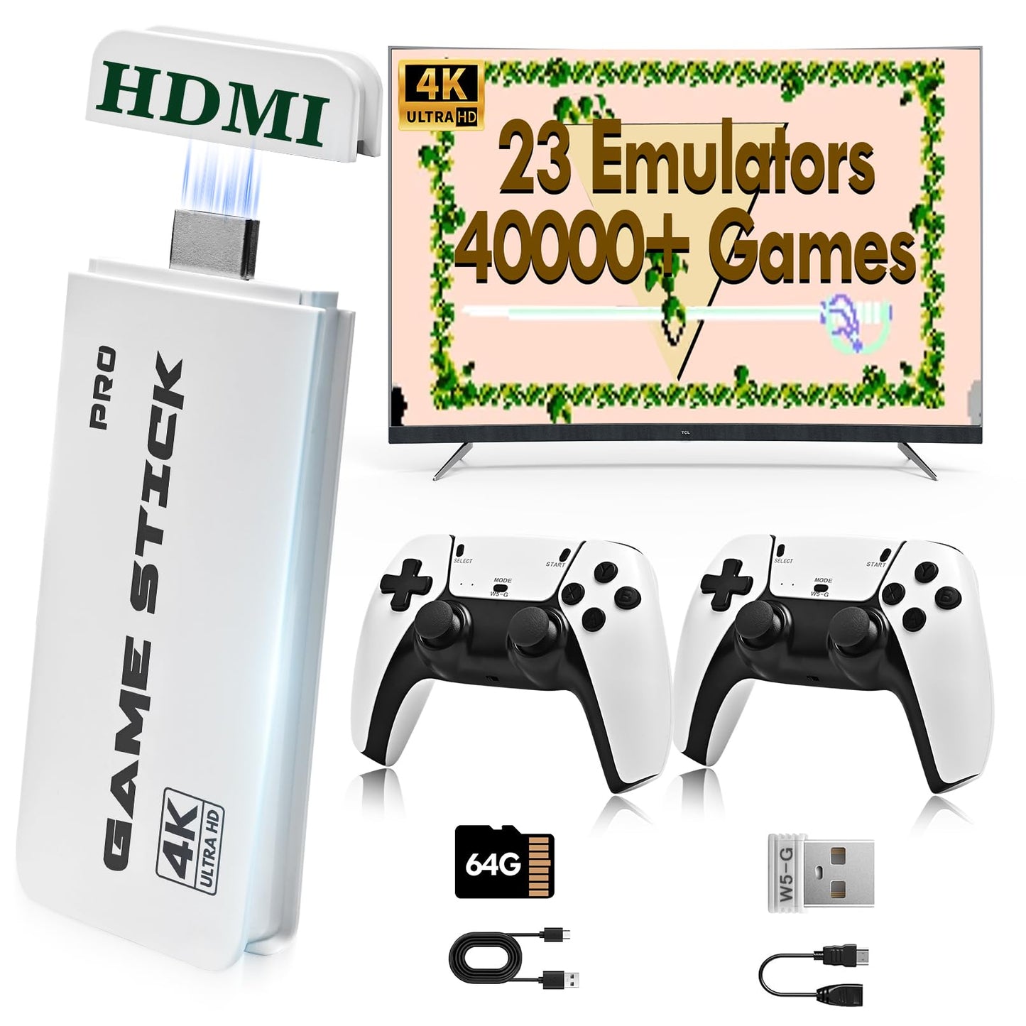2025 Game Stick 4K 40,000 Games, Retro Gaming Console with Built-in 23 Emulators, HDMI Output, 64G TF Card, 2 Wireless Controllers, Plug and Play