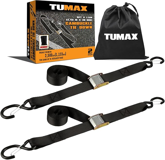TUMAX Tie Down Strap Cambuckle Strap - 2500lbs Break Strength, 1.5 in x 8ft Cargo Straps with Safety S-Hooks, Heavy Duty C...