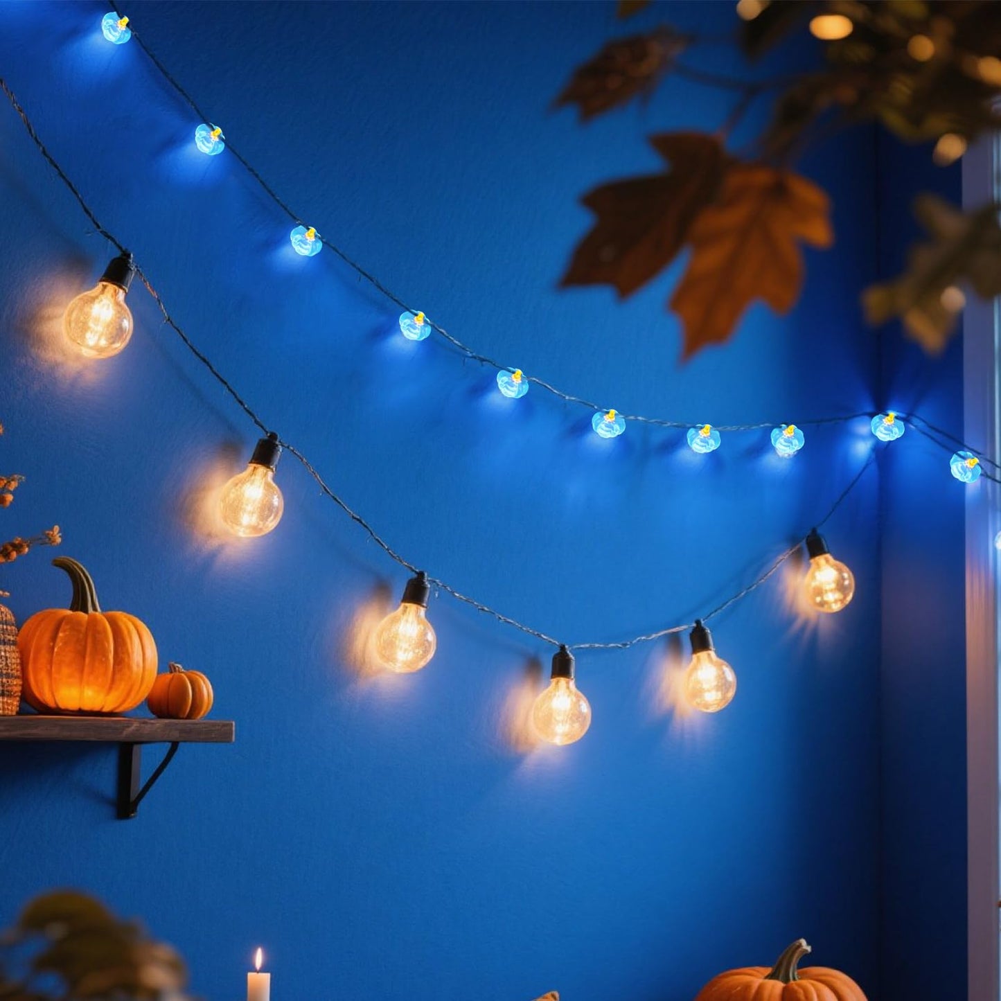 Glooglitter 2 Pcs Fall Thanksgiving String Lights 6.5 Ft Blue Pumpkin Lights String Baby Shower Decorations For Thanksgiving Halloween Indoor Window Tree Yard Porch Door Decor
