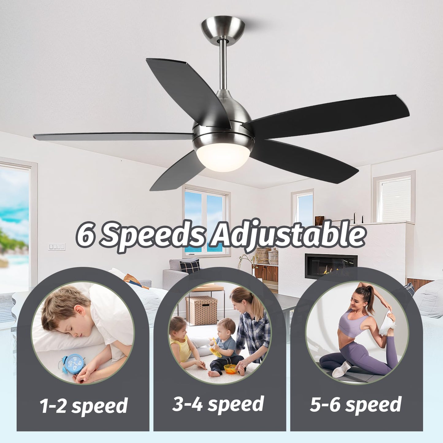 Kapoefan Brushed Nickel Ceiling Fan With Lights,52 Inch Ceiling Fans,6 Speeds,3 Color,Quiet Dc Motor,Ceiling Fan With Remote Con