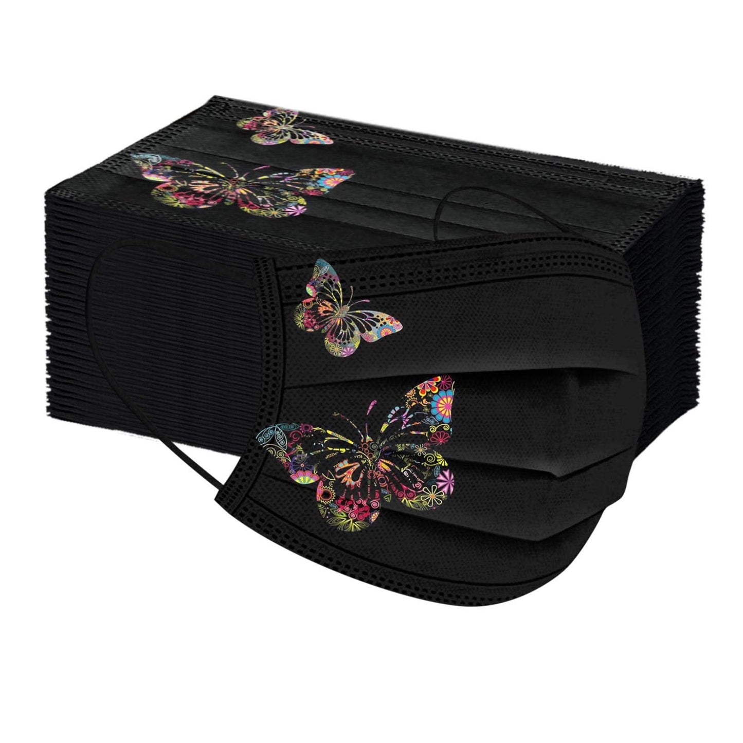 YOMEESOUL 50pcs Black Disposable Face Masks, Masks with Butterfly Printed, 3-Ply Full Protection for Women Men Teen Girls