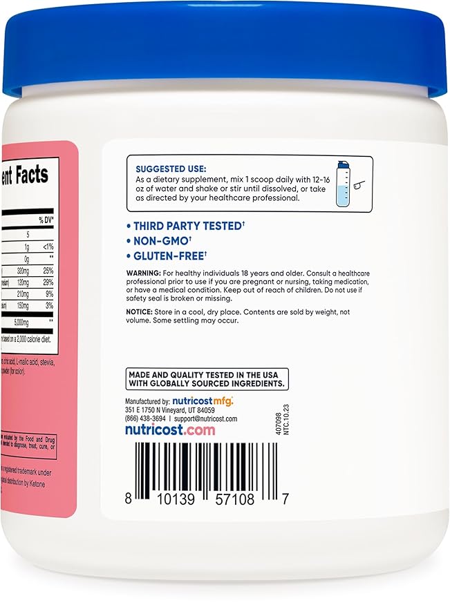 Nutricost BHB Salts Drink Mix (30 Servings, Strawberry Lemonade Flavored) (5G BHB Per Serving) - 0G Total Sugars, Vegetarian Product