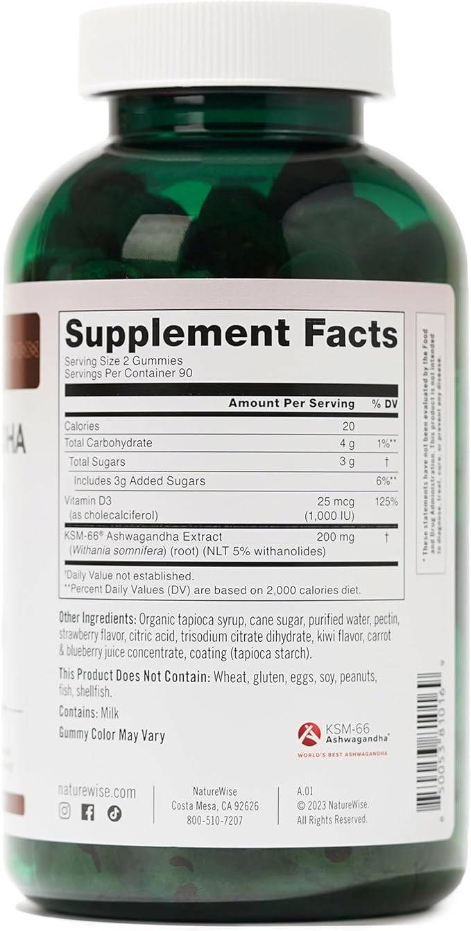 NatureWise Ashwagandha Gummies - Strawberry Kiwi - KSM-66 with Vitamin D3 - Calming Mood Support - Vegetarian - Non-GMO, Gelatin and Gluten Free - 180 Count[3-Month Supply]