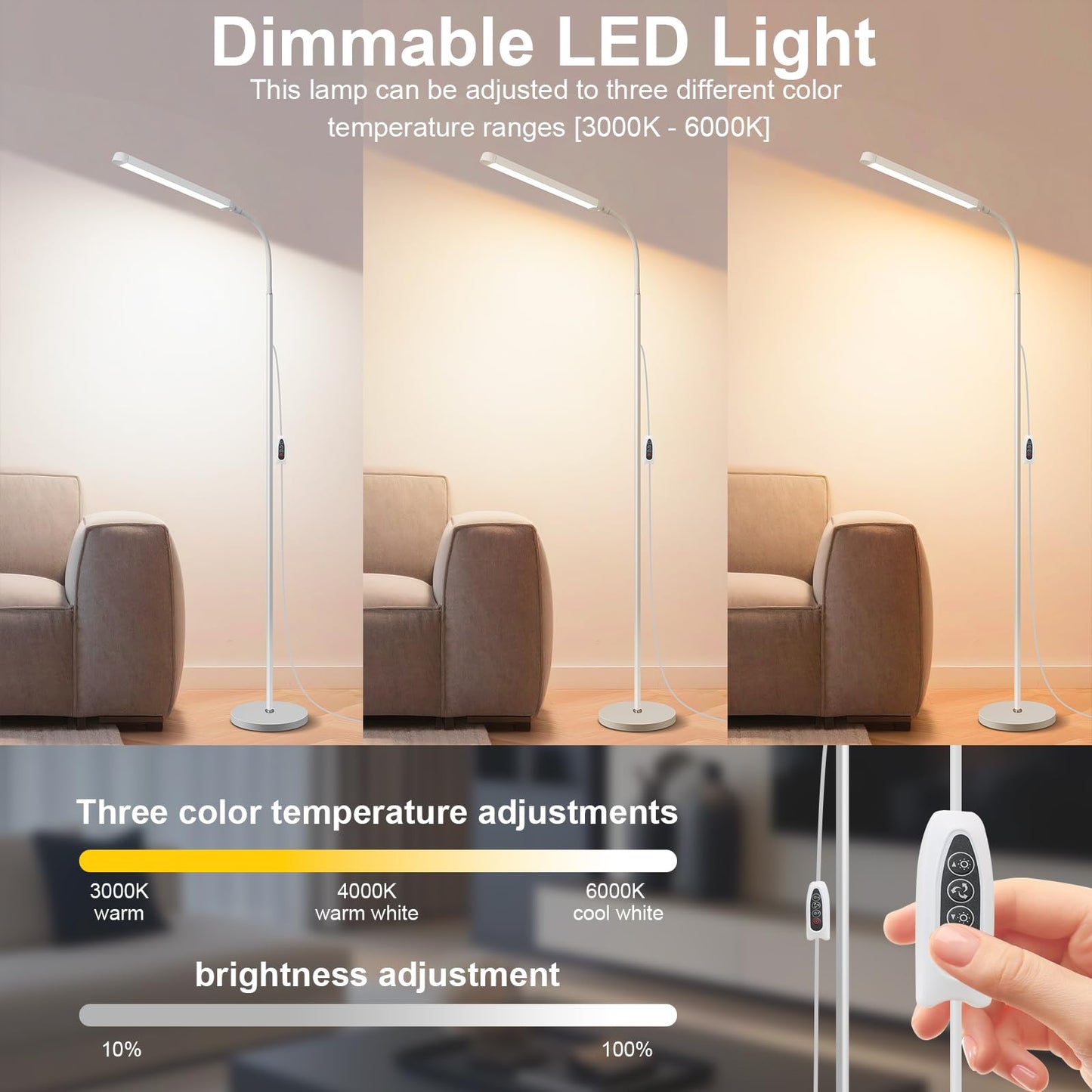 dujunlinghang White LED Reading Floor Lamp 12W Dimmable Gooseneck 3 Color Temperatures Model MD-5002 White