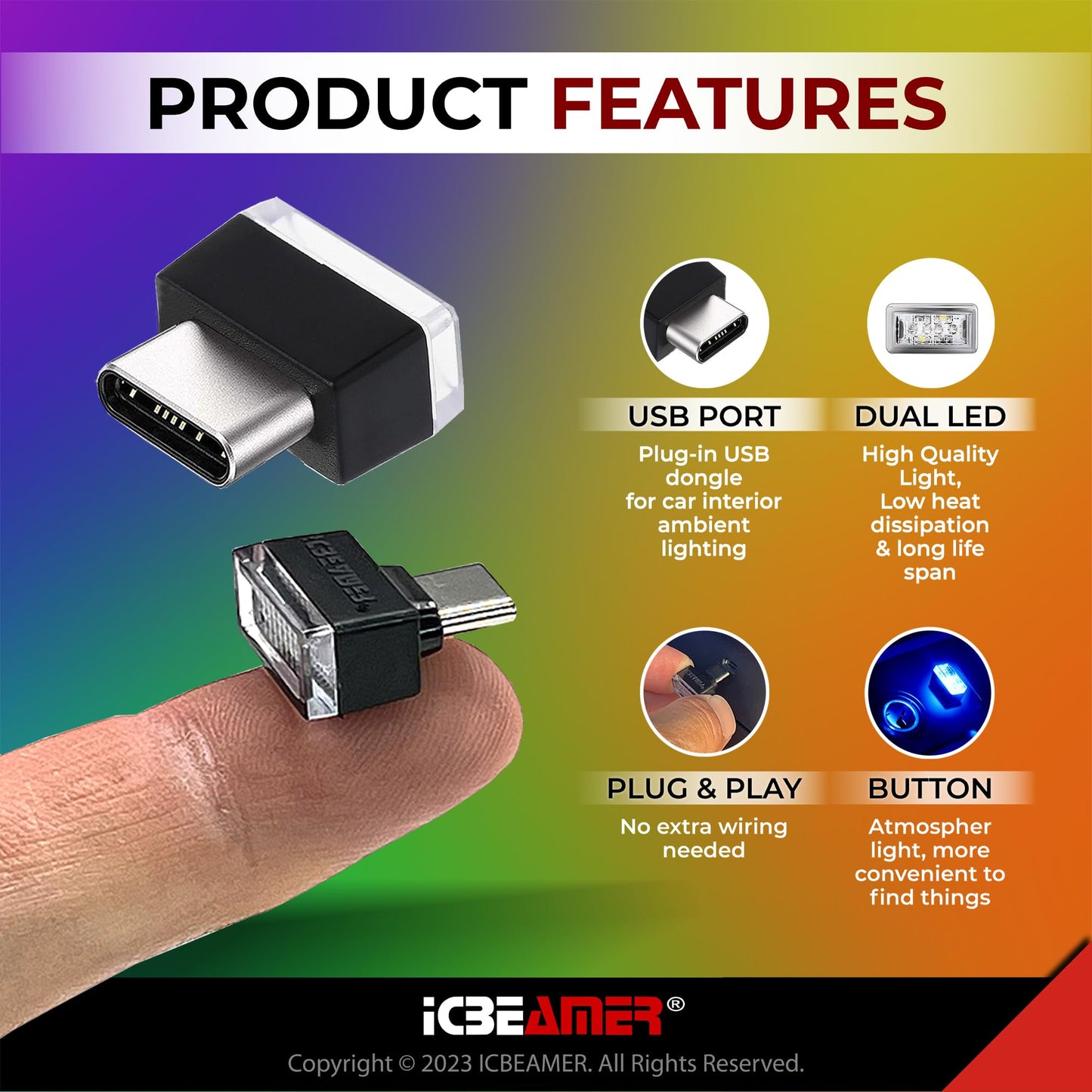 ICBEAMER Type C Adapter Miniature Night Light USB Car Interior Trunk Ambient Blue Model TYPE-C-BL-AMA