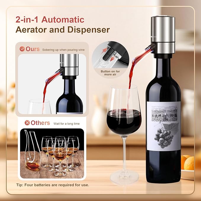 Electric Wine Opener & Automatic Wine Bottle Opener Rechargeable - 4-in-1 with Electric Wine Aerator & Dispenser, Foil Cutter and Vacuum Stopper, Wine Gift Set for Women, Men