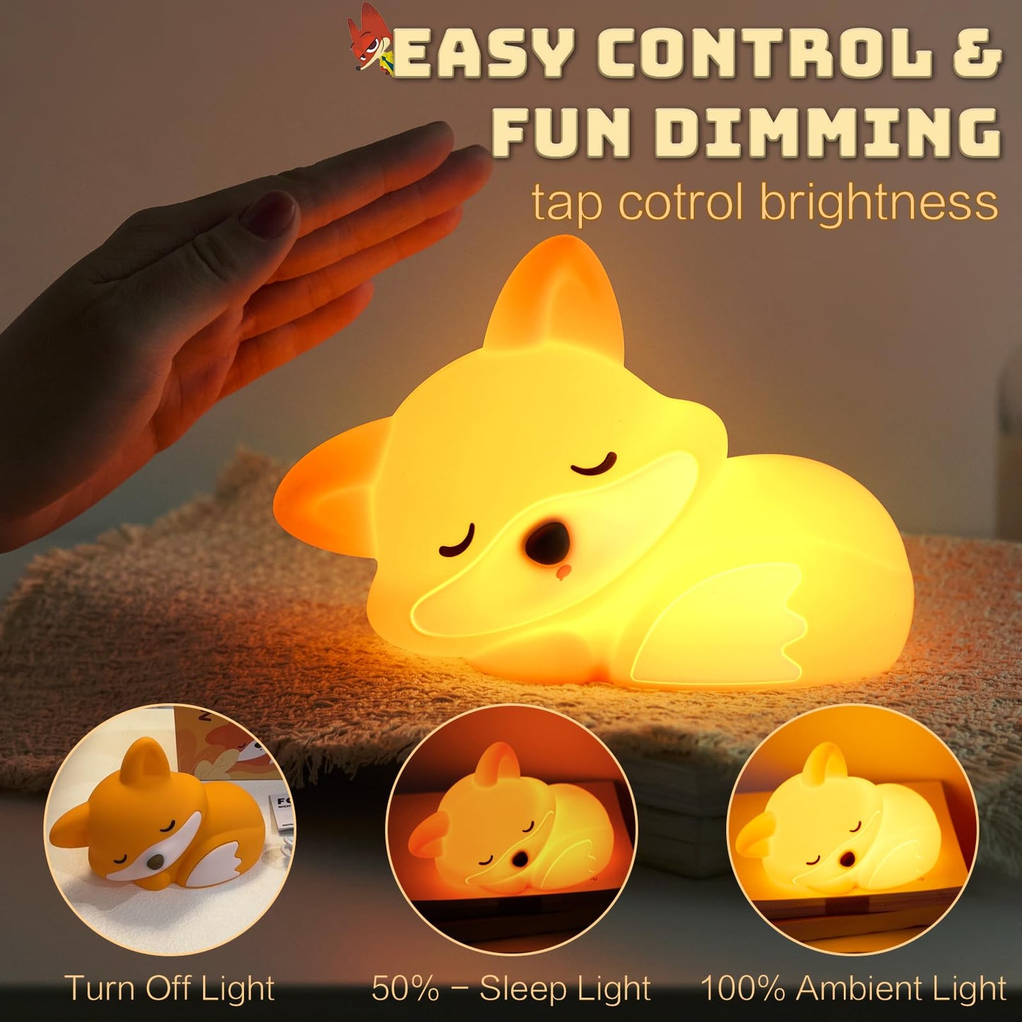 Yr Yrhh-Pet Fox Night Light For Kids  Cute Lamp Xmas Fox Gifts  Squishy Rechargeable Dimmable Toy  Led Woodland Animal Nightlight  White Elephant Gift  Fall Room D?Cor  Silicone Touch Light Up Foxes