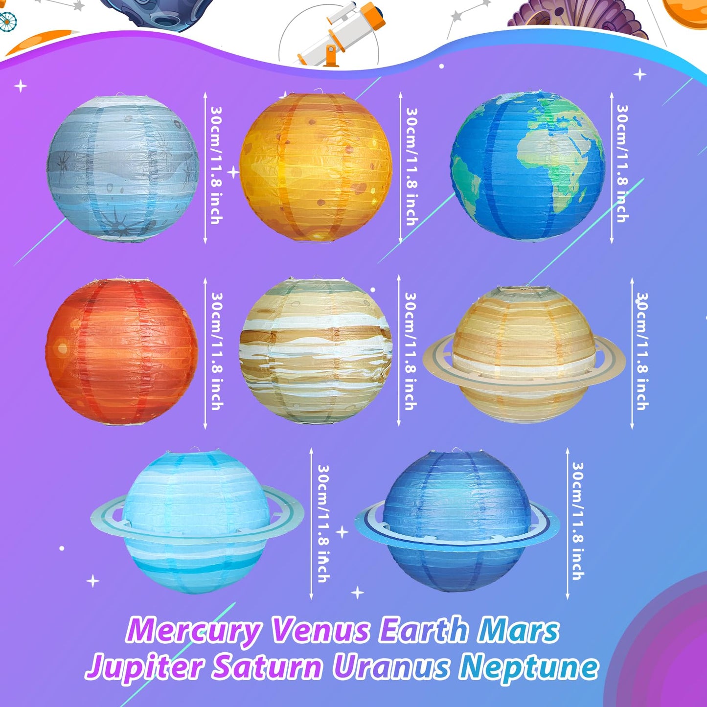 Fontien 8 Pcs  t Paper Lanterns - 12 Inch Outer Space Party Decorations, Solar System Design For Kids Space Theme Birthday Parties