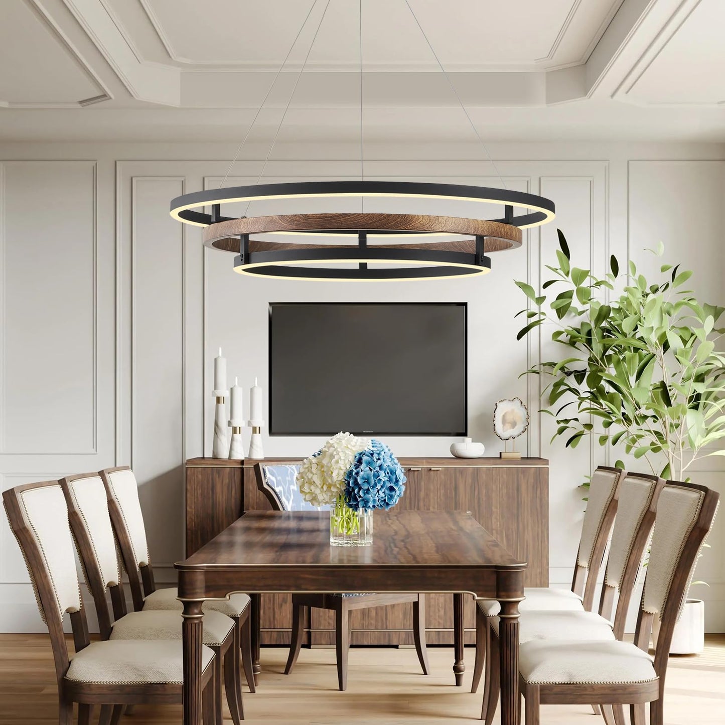 CaraLuxe 3 Ring LED Chandelier Black Walnut Wood 31in Dimmable Light Fixture for Foyer Dining Room Bedroom Office