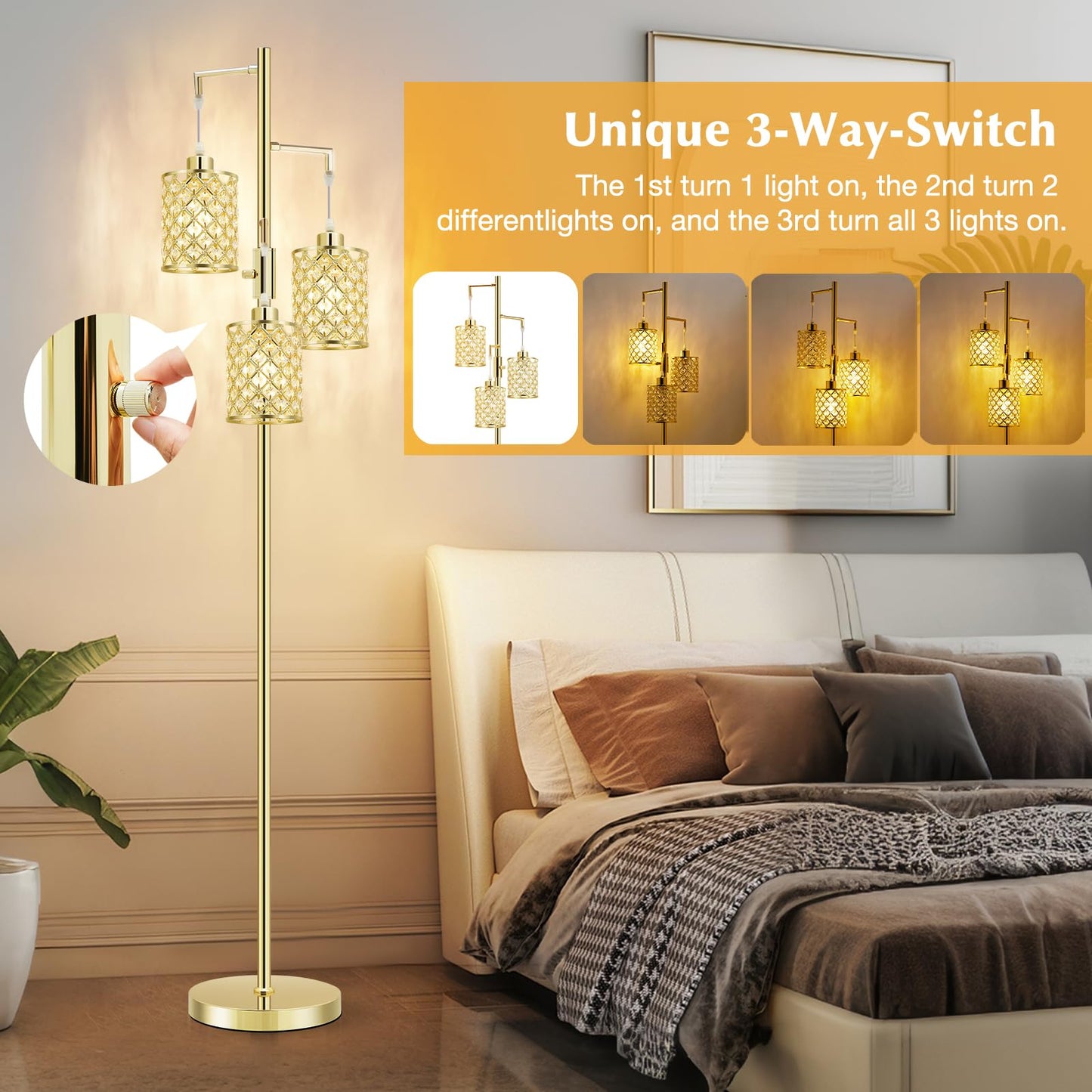 GyroVu Floor Lamp, 3-Light Modern Gold Crystal Design, K9 Crystal Shade, Model G-1FL-1769B