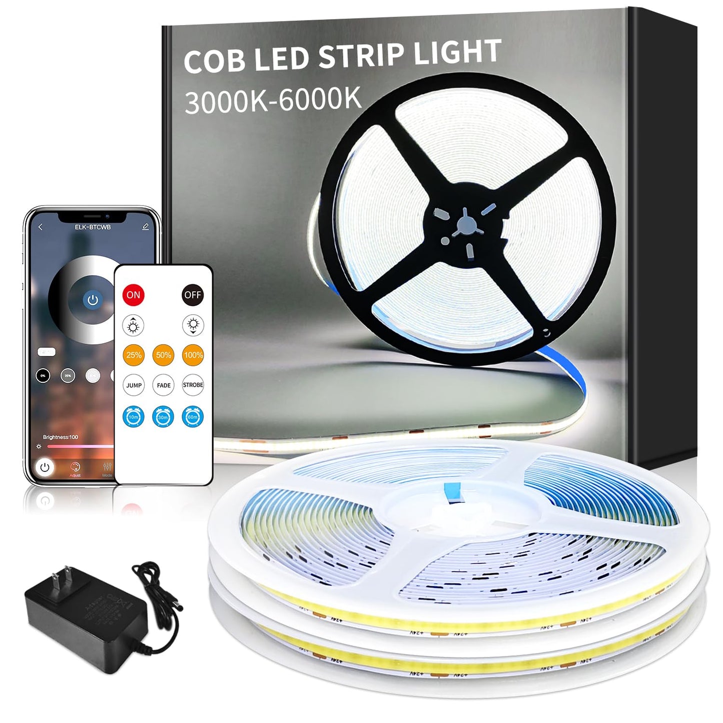Yeewhale 100ft COB LED Strip Lights, Dimmable 6000K White, Flexible LED Tape Light with Remote and App Control, Model Yeewhale-100cobW01