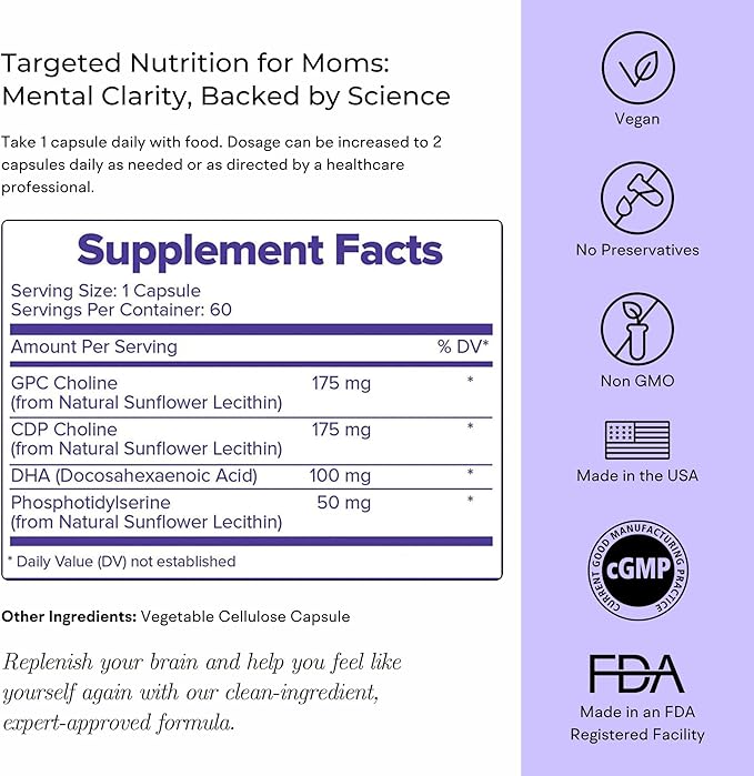 Mommy Brain Postnatal Supplement (60 Capsules) for Cognitive Health, Mood, Energy with GPC and CDP Choline, Phosphatidylserine, Omega-3 DHA