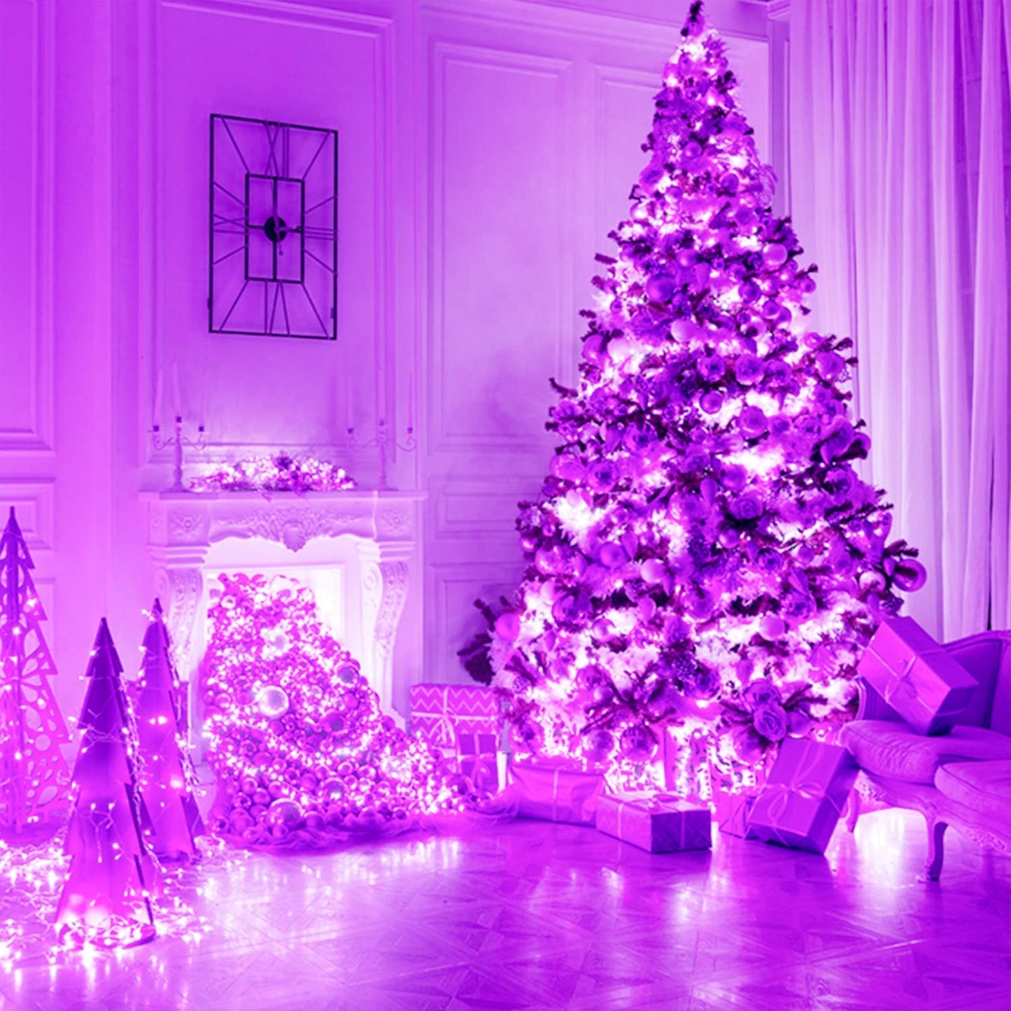 JMEXSUSS Purple String Lights, 91.5ft, 250 LED, Waterproof, Plug-in, 8 Modes, Clear Wire, Model EXS-S-0250