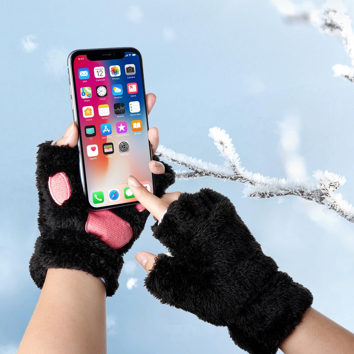 Hmxpls Fingerless Cat Paw Gloves, Winter Furry Bear Paw Gloves Cosplay Costume Accessories (Black)