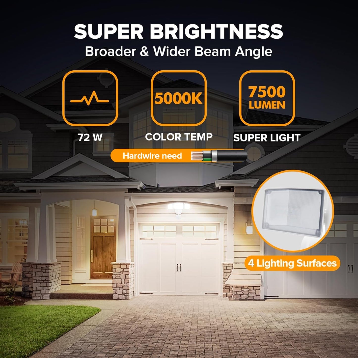 Lutec 72W Led Security Light With Motion Sensor, Ip65 Waterproof, 5000K Daylight, 3 Head, White, Square Design For Outdoor Use