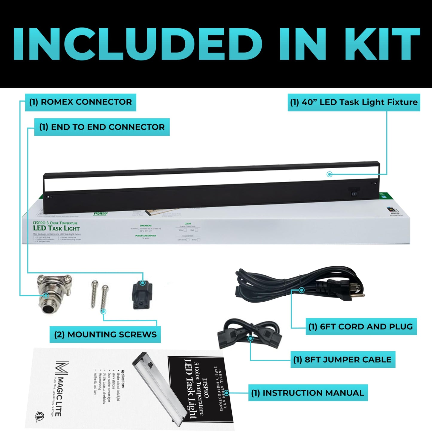 Led Under Cabinet Lighting Hardwired - 3Cct 40 Inch Black Finish - Undercabinet Lights For Kitchen - Linkable Undercounter Dimmable Plug In Light Or Hard Wired - Under Counter Fixture Direct Wire