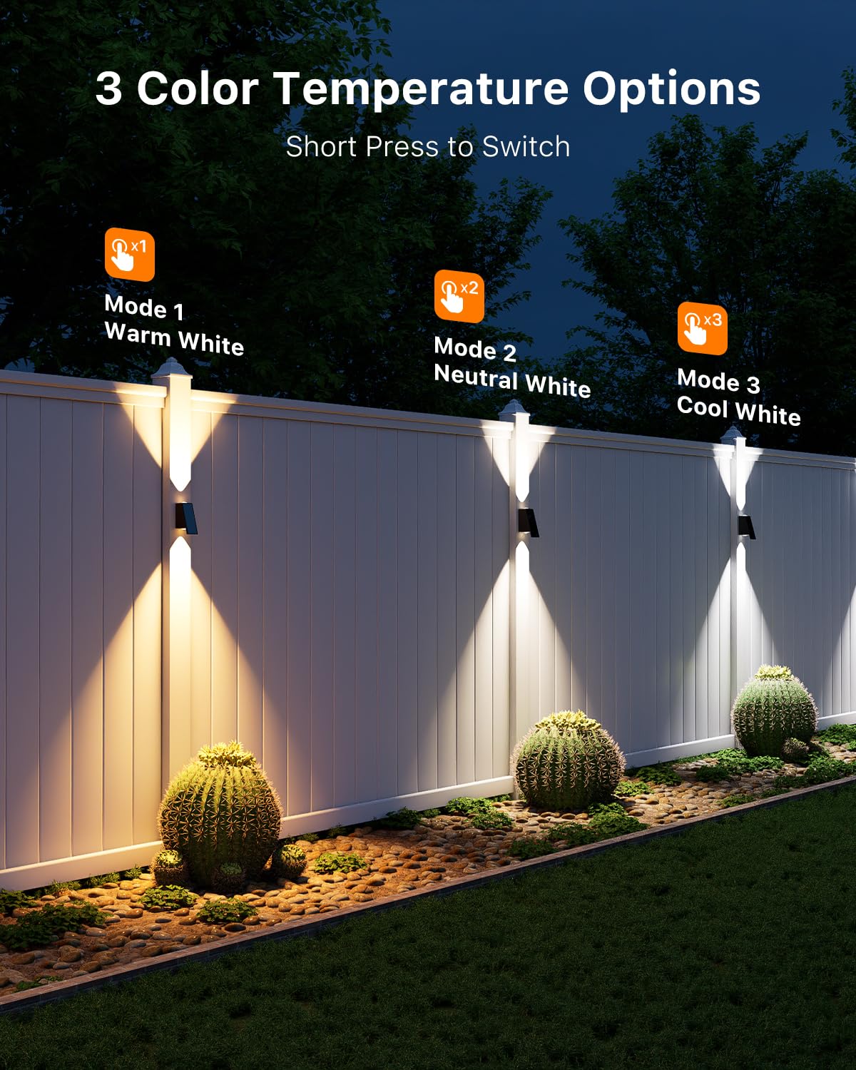 8 Pack Solar Powered Fence Lights Outdoor (Warm/Neutral/Cool White) Waterproof Up And Down Wall Mount Led Decorative Lamp For Outside Patio  House  Backyard  Porch  Deck  Garden With 3 Lighting Modes