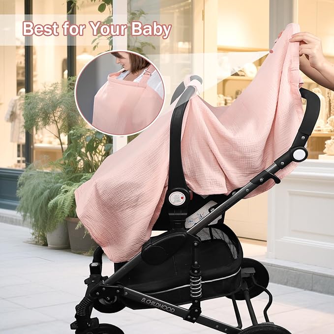 Hooyax 2-in-1 Baby Car Seat Cover & Nursing Cover, 100% Muslin Cotton, Breathable Car Seat Canopy and Privacy Breastfeeding Cover, Pink