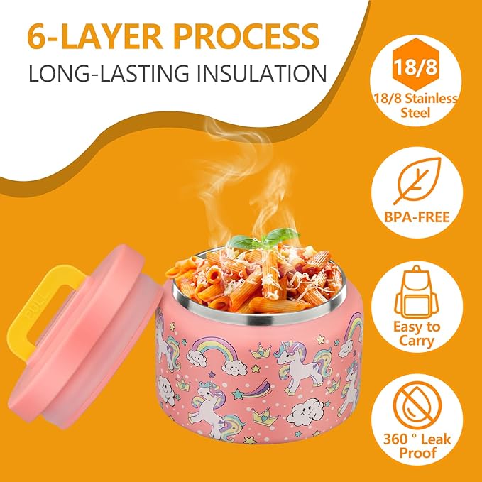 PIQUEBAR 8oz Kids Thermo for Hot Food,Small Lunch Thermos Food Container Stainless Steel,Easy Open Wide Mouth Thermo for Hot Cold Food for Preschool Travel (Pink Unicorns)
