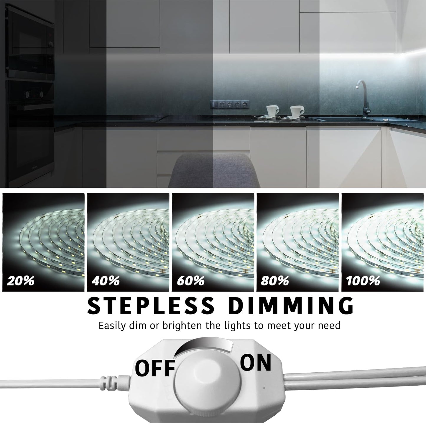 dalattin White LED Strip Lights 50ft 900 LEDs Dimmable 6500K Daylight for Bedroom, Mirror, Kitchen Model KU-WFQA-UHY5