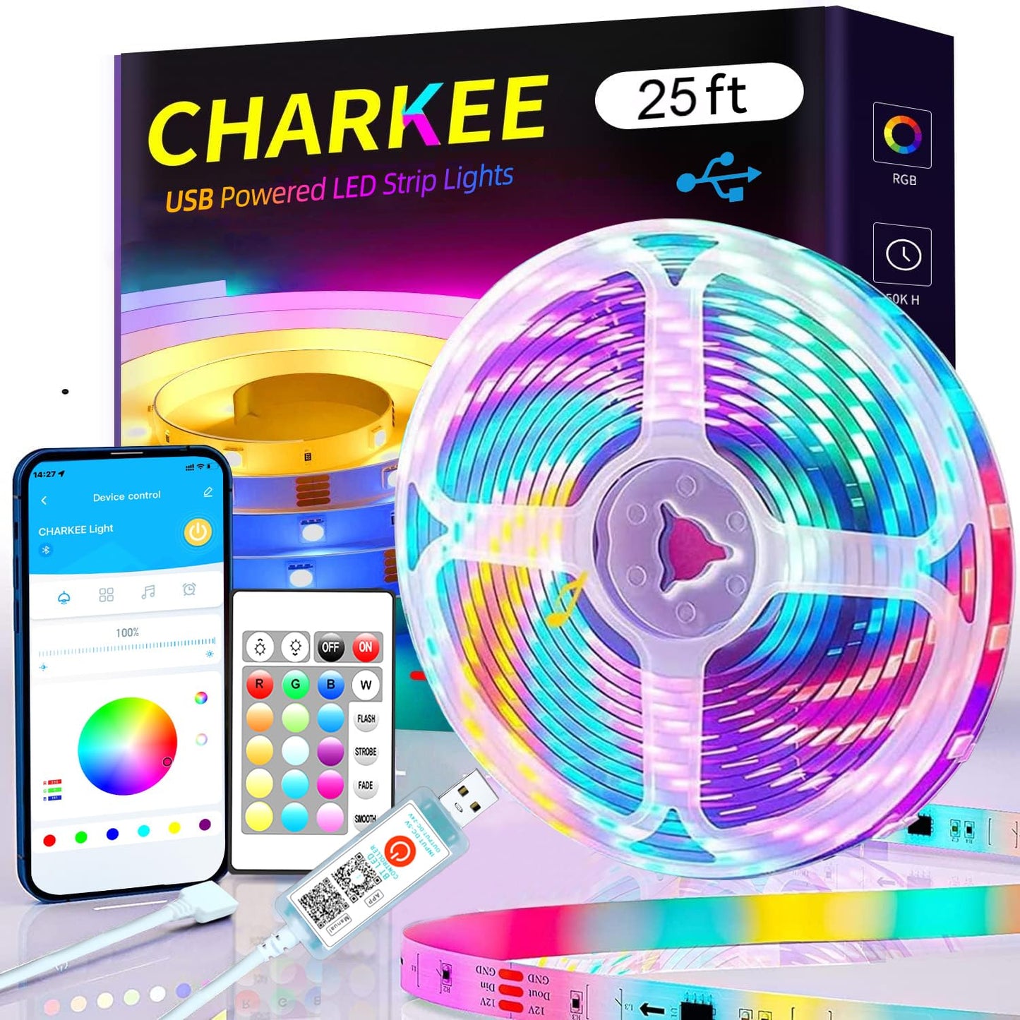 CHARKEE Bluetooth LED Strip Lights, 25ft, Multicolor, SMD 5050, Remote & App Control, Model SCH55NW2251PB