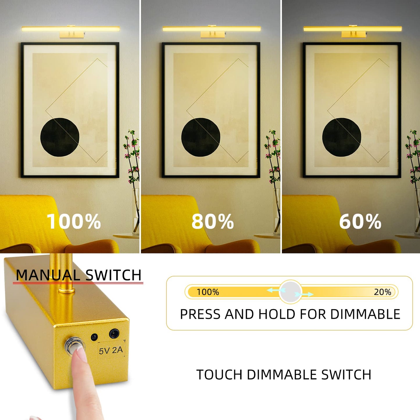 FUNCHDAY Picture Light, 5000mAh Battery Operated, Wireless Remote, Dimmable, 16in Gold, Aluminum, Model FC70155