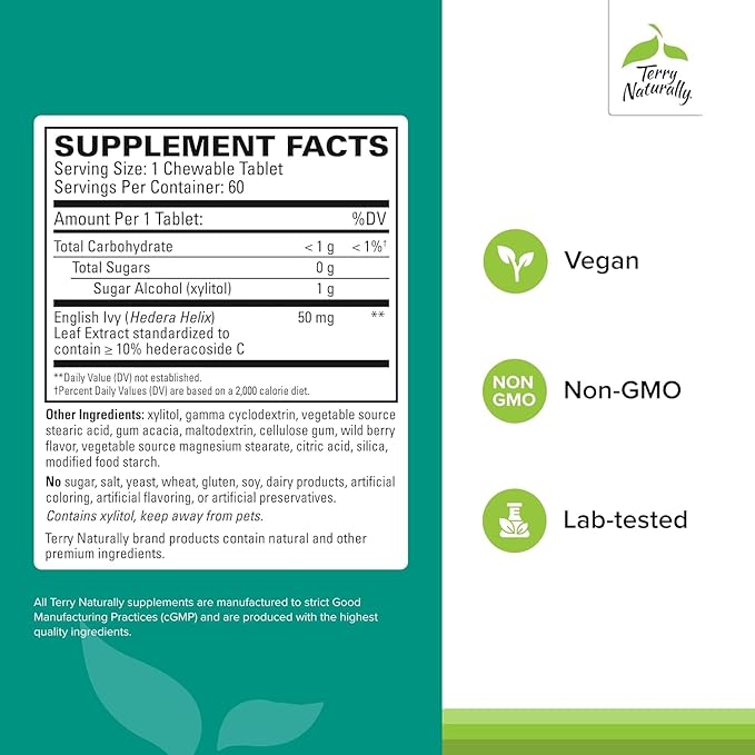 Terry Naturally Bronchial Clear Ivy Leaf Extract Chewable - Lung & Respiratory Health Support Supplement - Dietary Supplement with English Ivy Leaf Extract - 60 Chewable Tablets (60 Servings)