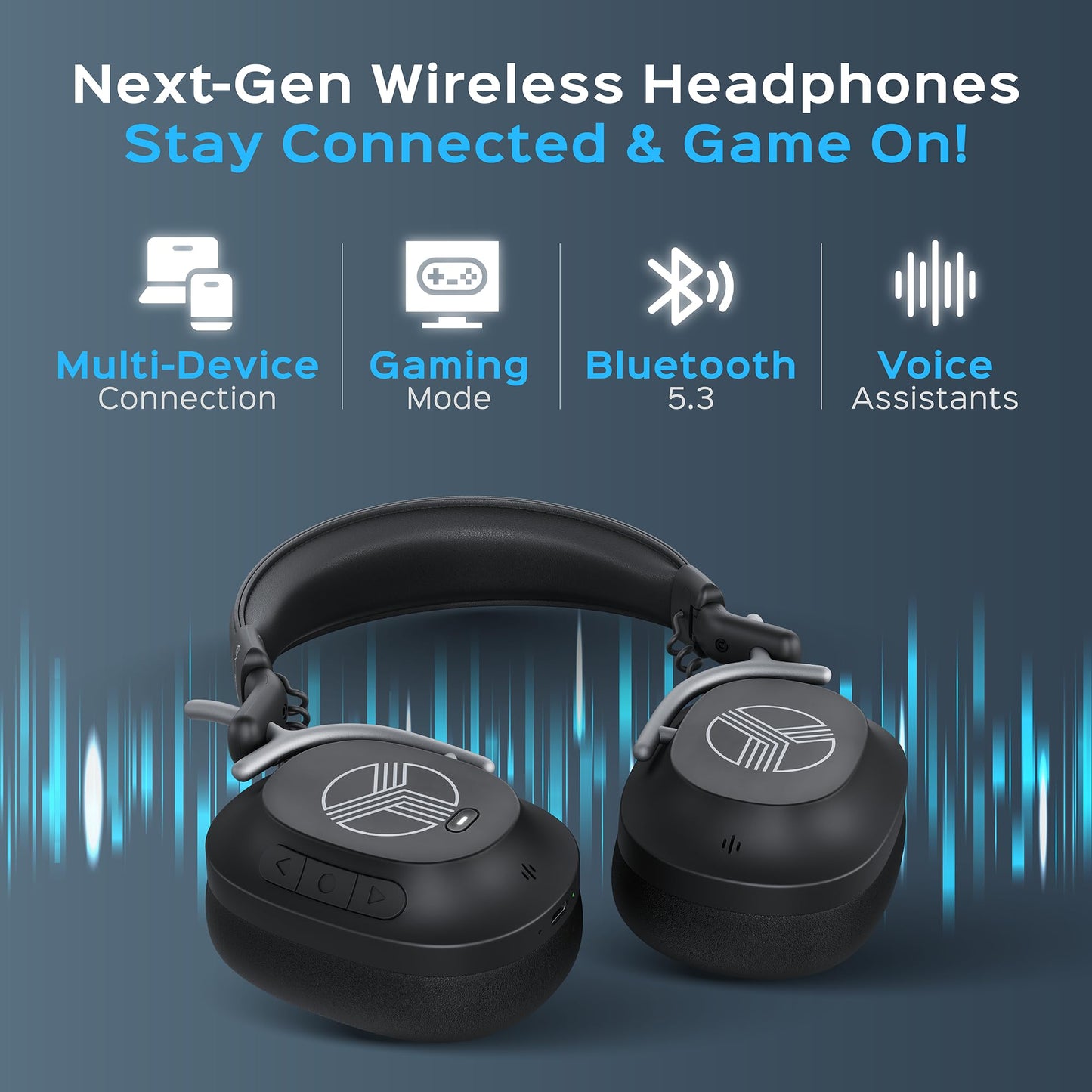 TREBLAB U5 - Hybrid Active Noise Cancelling Headphones Over-Ear, Deep Bass, 55H Battery, Mic for Calls, Bluetooth 5.3, Water-Resistant IPX4, Wireless Headphones Foldable for Travel, Gym, Work, Sports