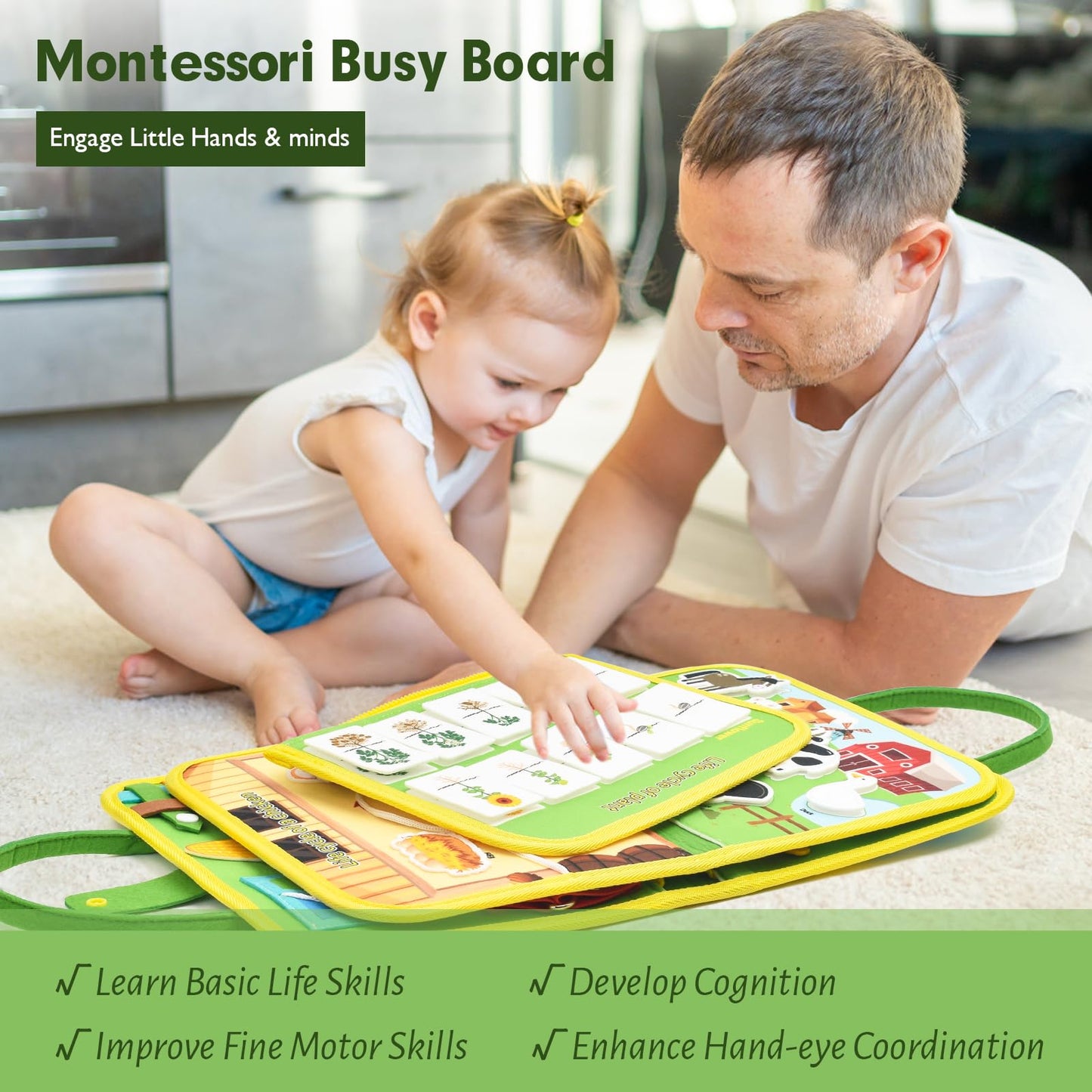 Silouka Toddler Busy Board Montessori Toys, Sensory Board Busy Book for Toddlers 1-3 Birthday Gifts - Preschool Learning Life Skills, Farm Green, 8 Pages
