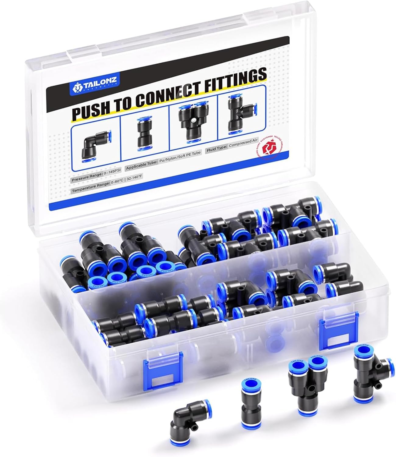TAILONZ PNEUMATIC 5/16 inch or 8mm od Push to Connect Fittings Pneumatic Fittings Kit 10 Spliters+10 Elbows+10 tee+10 Straight (40 pcs)