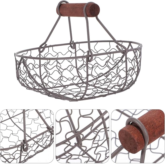 Chicken Wire egg Basket for Gathering: Farmhouse Vintage Style Fresh Eggs Holder With Handle - 7X4.7X4.7in Countertop Storage Container for Collecting Fruit Bread Potato