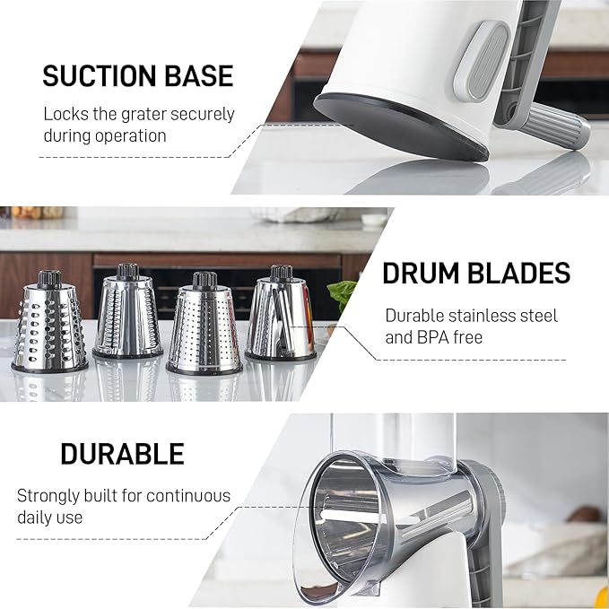 VEKAYA Cheese Grater, Cheese Grater Hand Crank, 4 Interchangeable Blades Cheese Shredder, Vegetable Slicer, Non-slip Suction Base, Easy to Clean Rotary Grater with Handle (White Grey)