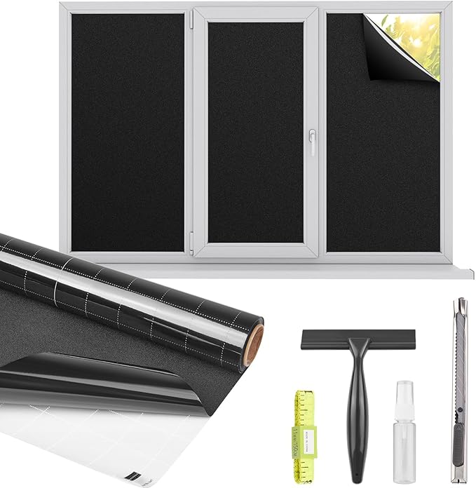 Kromapolis Blackout Window Privacy Film Total Light Blocking Room Darkening Window Covering, Removable Static Cling Frosted Glass Tint, Non-Adhesive, Black 35.4'' x 78.7''