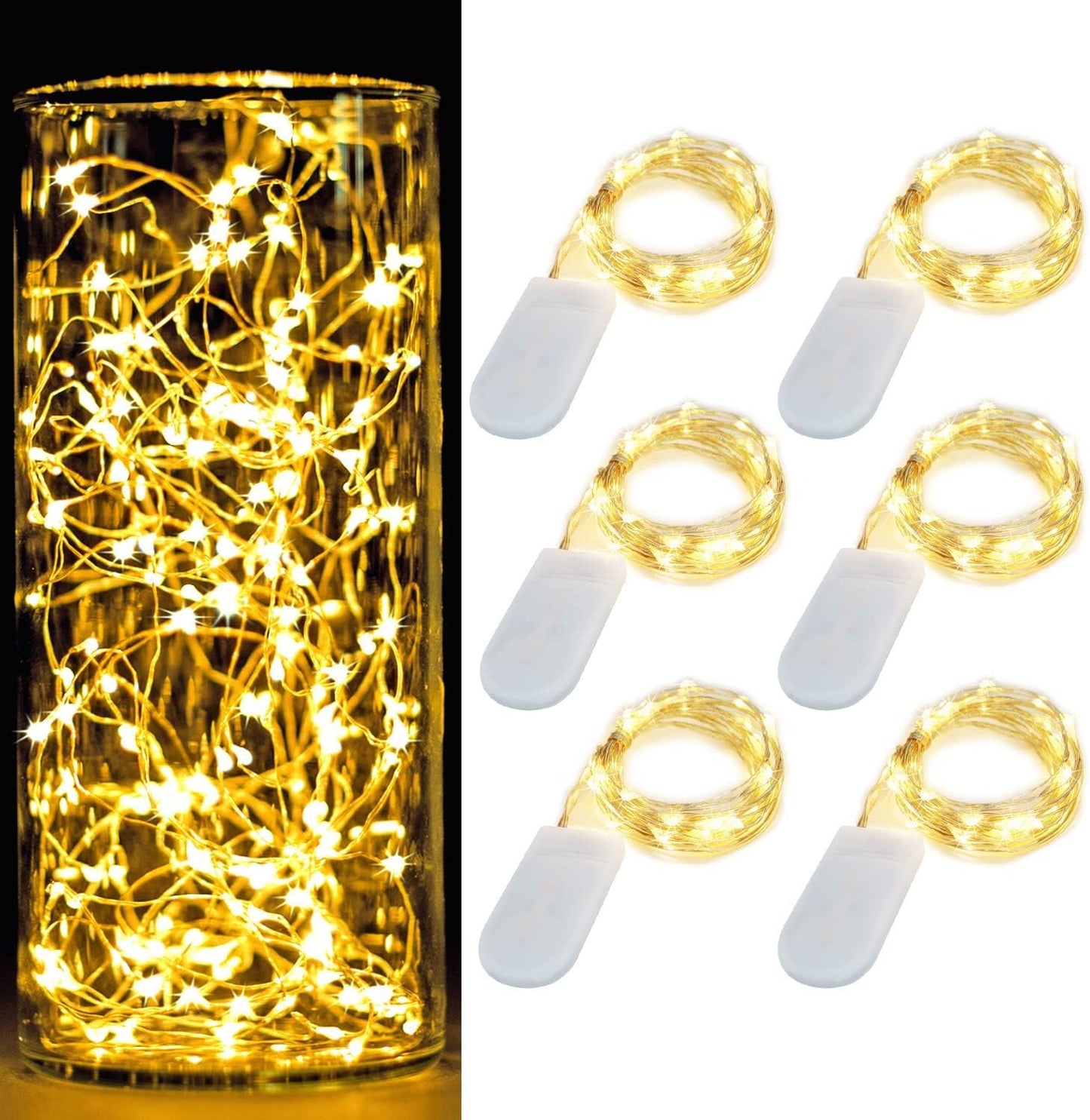 Oakhaomie 7Ft Waterproof Starry String Lights, 6 Pack, Warm White, Copper Wire, 20 Micro Leds, Model Hm001