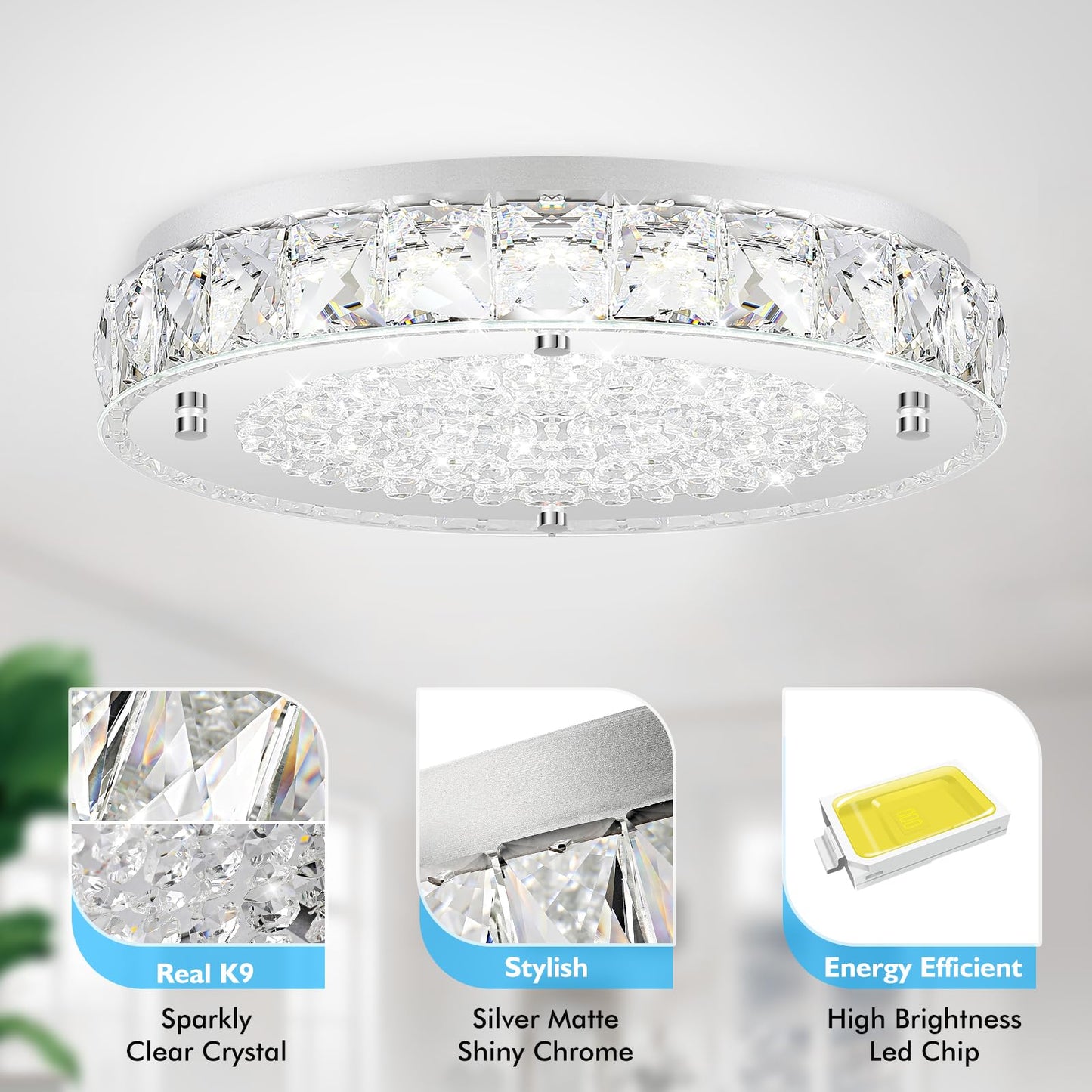 Crystal Flush Mount Ceiling Light  Led Chandeliers Light Fixture 19-Inch  5000K Daylight White Super Bright 5000Lm Dimmable Farmhouse Kitchen Lighting Modern Ceiling Lamp For Bedroom Bathroom Nursery