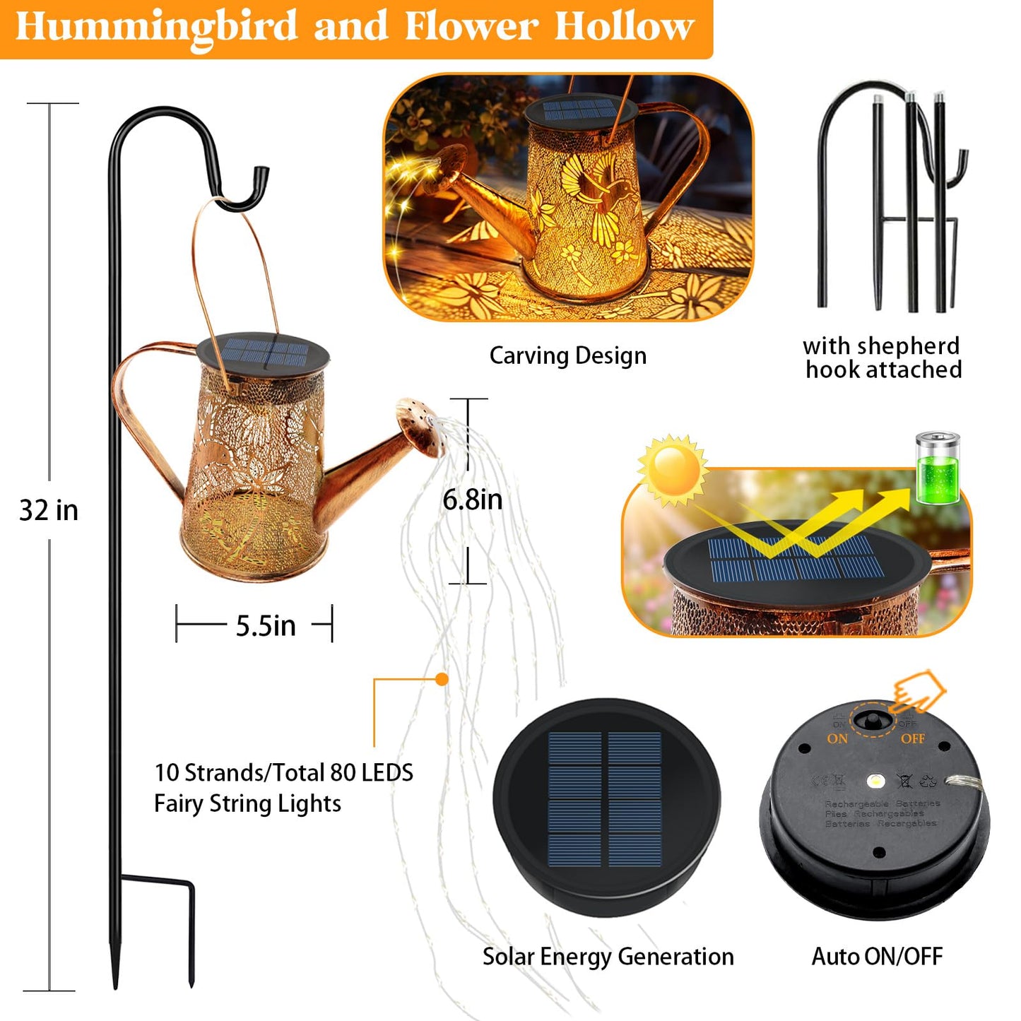 Vcdsoy Solar Watering Can Lights - Hummingbird Outdoor Garden Lantern, Waterproof, Warm White, Model TYSHD-25-FN-1-NB