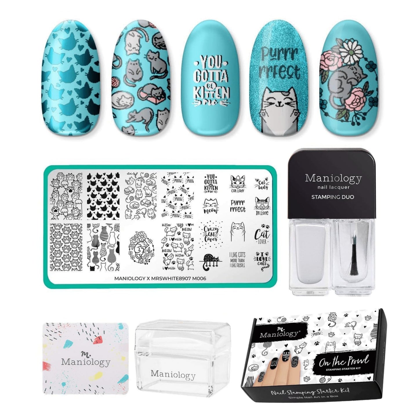 Maniology On the Prowl Nail Stamping Starter Kit | Cat-Themed Nail Art, Playful Kittens, Paw Prints & Whisker Designs DIY Manicu