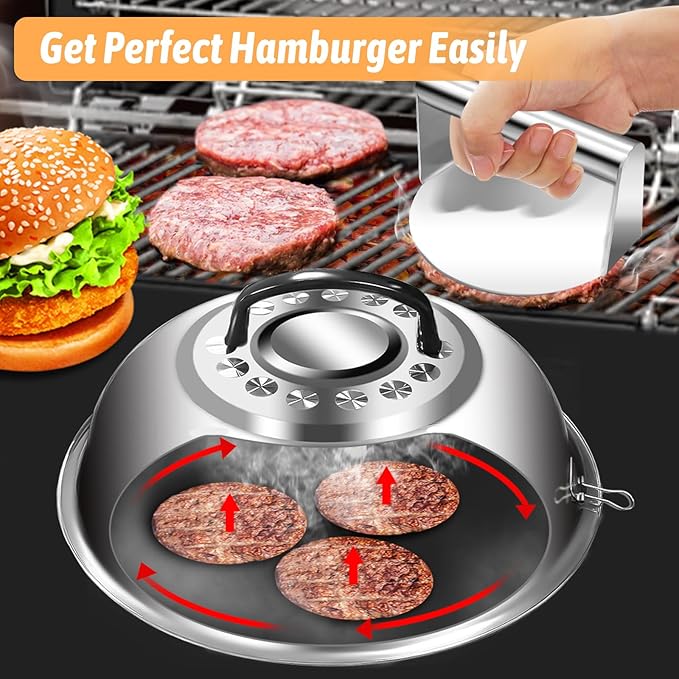 Smashed Burger Set, Stainless Steel Burger Press Kit, Burger Press, 10 Inch Basting Cover, Grill Spatula,1 BBQ Glove - Griddle Accessories for Blackstone or Flat Top Griddle Grill Cooking