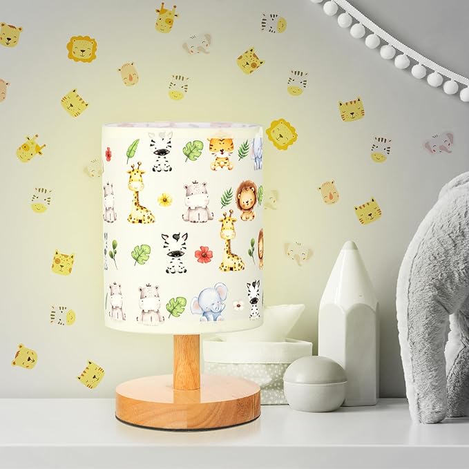 VIHOSE Safari Animal Kids Table Lamp for Bedroom Kids Bedside Lamp with Linen Wooden Nightstand Cartoon Nursery Lampshade for Girls Boys Living Room