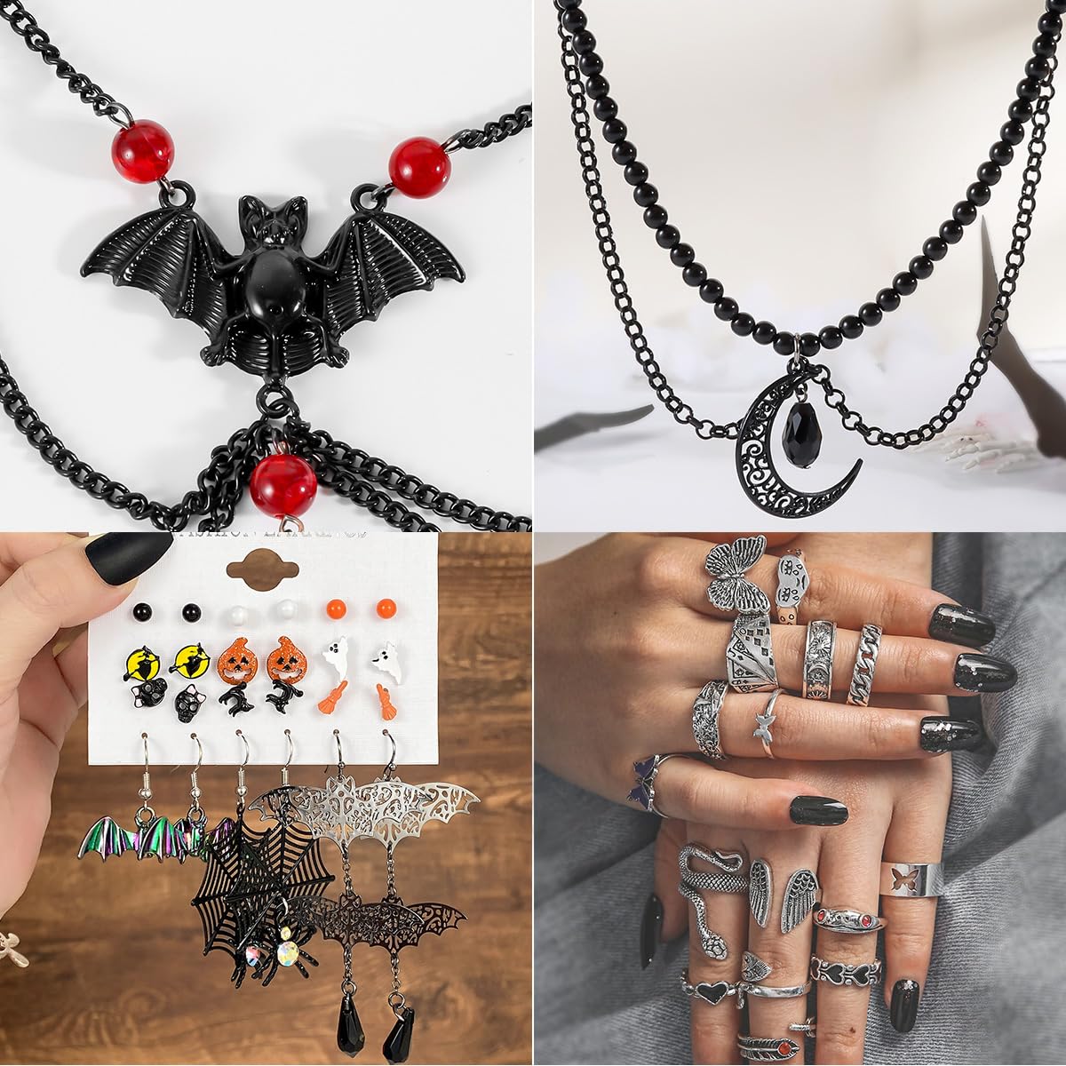 CONGYING 41 PCS GothicJewelry Set with Halloween 3 PCS Necklace, 9 PCS Bracelet, 12 PCS Earring, 16 Pcs Knuckle Rings Halloween Jewelry Set for Women (W1060)