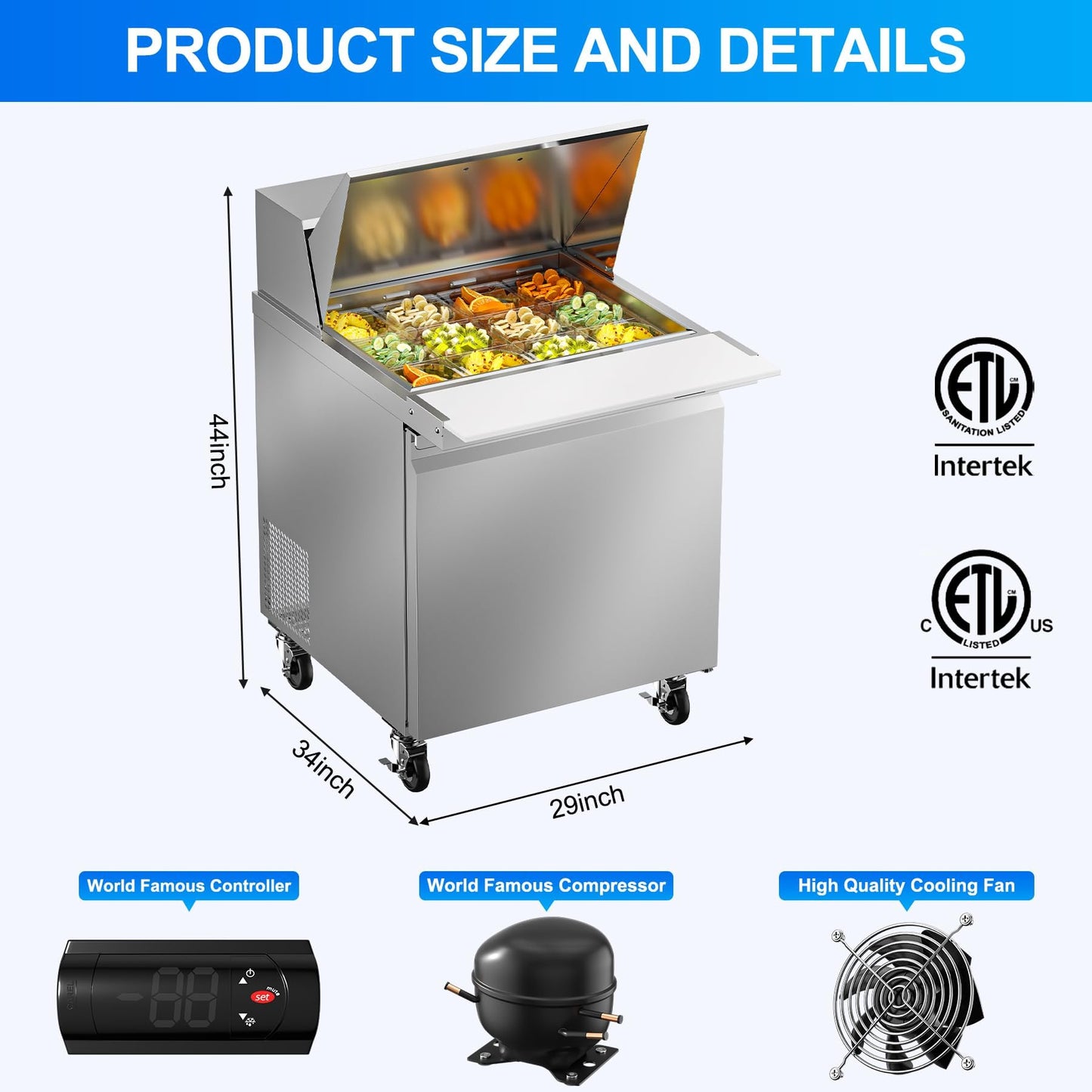 Rockitch 29" W Commercial Refrigerator Sandwich Salad Prep Table, 7.6 Cu.ft 1 Door Commercial Stainless Steel Mega Top Food Prep Fridge with 12 Pans, Salad Prep Station for Restaurant, Bar, Shop