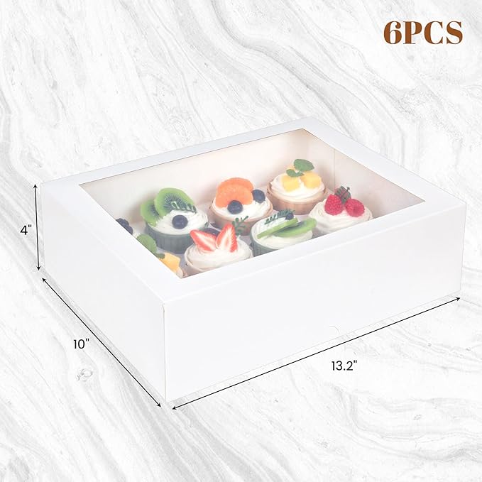 HANSGO 12 Count Cupcake Boxes, 6PCS 13"x10"x4" Cupcake Container with Window Holding 72 Pastry Box for Birthday Holiday Party Bakery Supplies