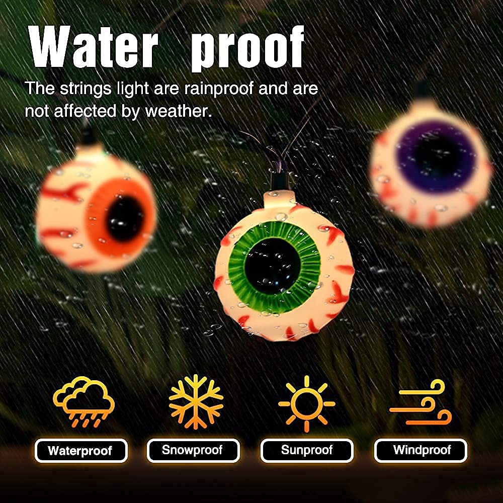 Abeja Halloween Eyeball String Lights, 8.5Ft Waterproof, 10 Bulbs, Indoor/Outdoor Use, Black