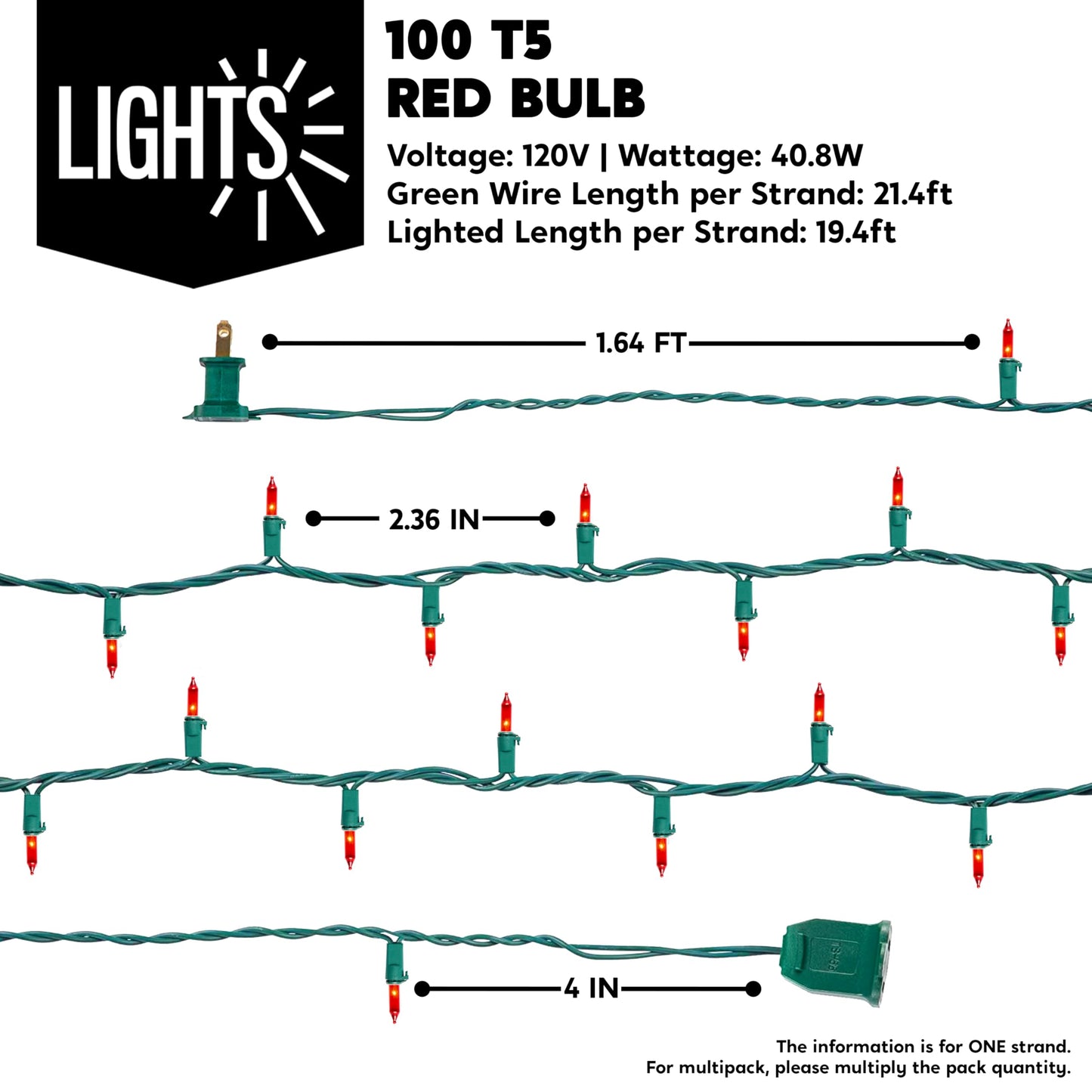 Joiedomi Outdoor Christmas Lights, 42.8Ft Red String Lights, 200 Count, Green Wire For Holiday Decorations