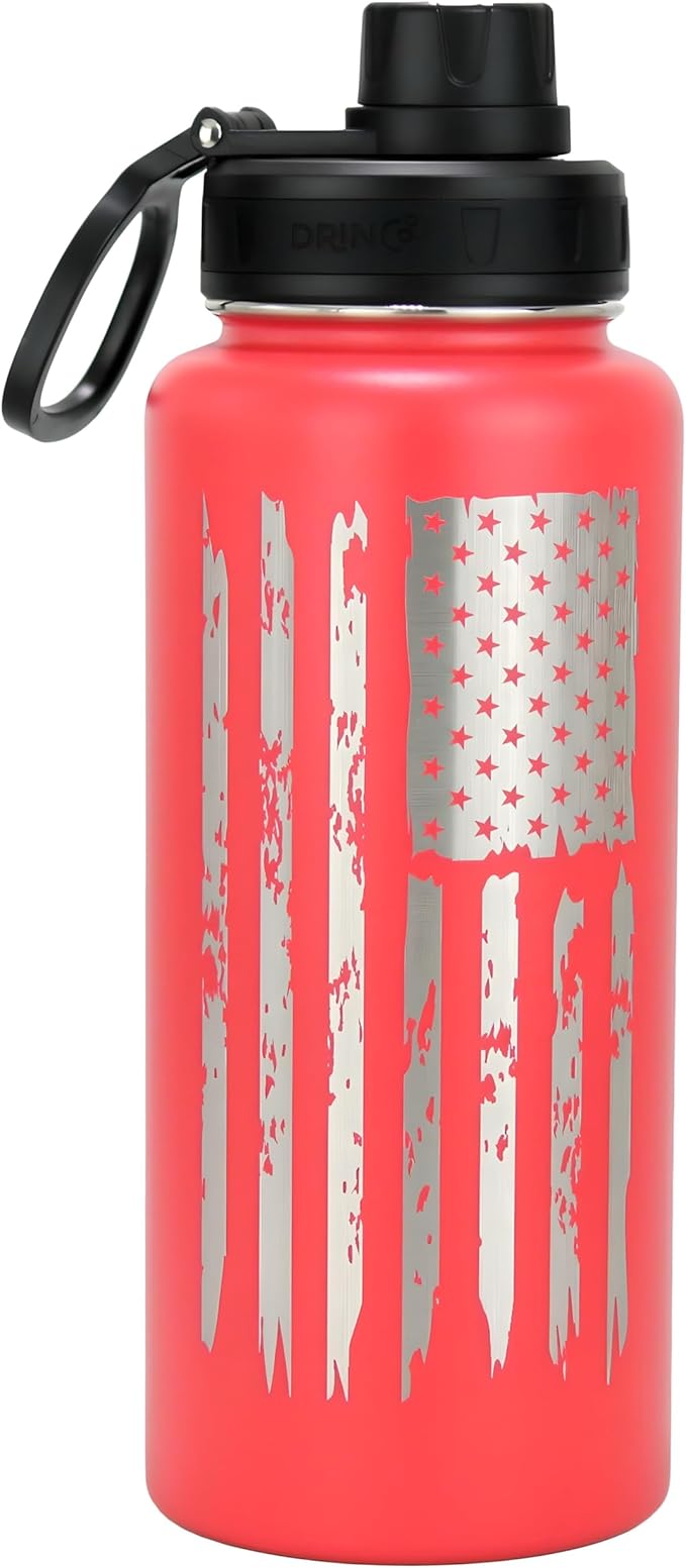 DRINCO Stainless Steel Water Bottle Spout Lid Vacuum Insulated Double Wall Water Bottle Wide Mouth Leak Proof Keep Cold Sport Camping (USA Flag) (32oz Barn Red USA Flag, 32oz)