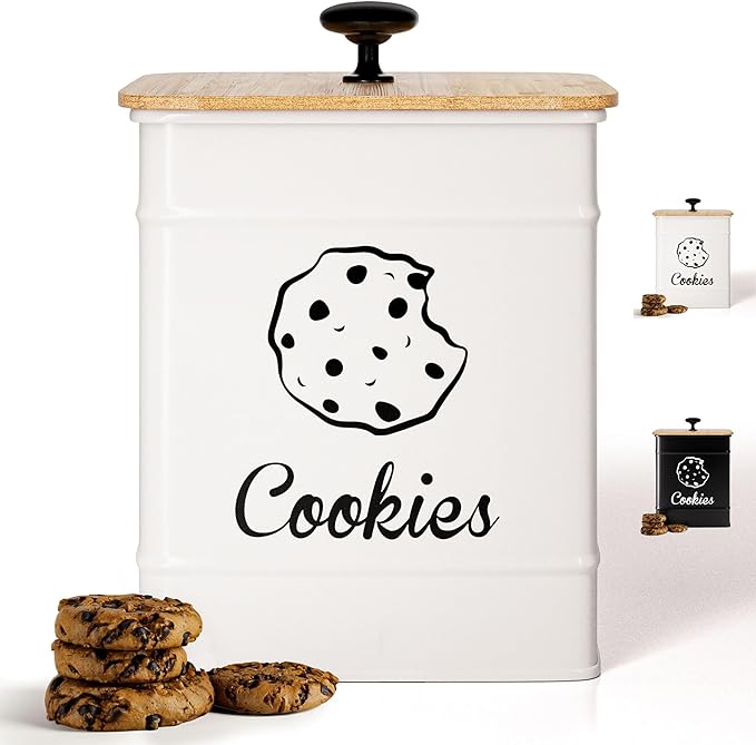 Cookie Jar with Airtight Lid - 1 Gallon - 6"D x 8"H White Iron Cookie Tin with Bamboo Lid - Large Cookie Jars with Lids Airtight - Farmhouse Cookie Jars for Kitchen Counter Decorative - Cookies Jar
