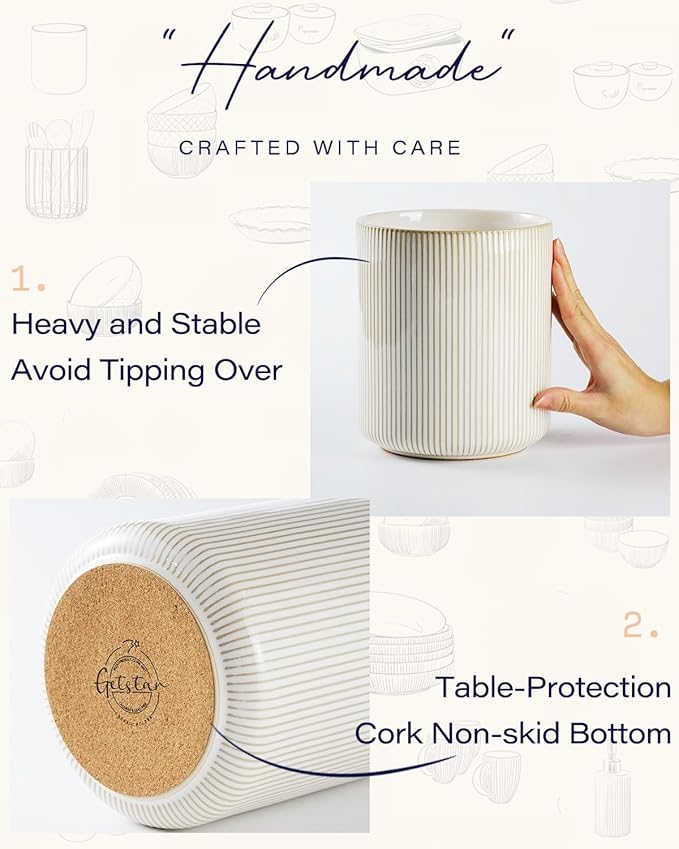 getstar Large Kitchen Utensil Holder for Kitchen Counter (H7.2” x W6.2”), Ceramic Cooking Utensil Holder with Cork Mat (Vintage, Large(7.2"))