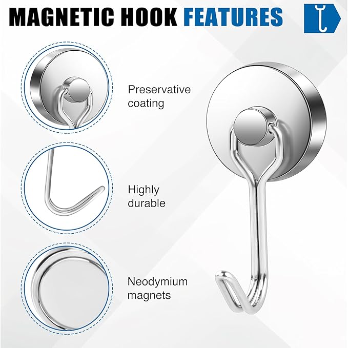 LOVIMAG Hooks, 85lbs+ Magnetic Magnet Hook 2025 Cruise Cabin Ship Essentials Heavy Duty Strong Refrigerator Fridge Hanging for Classroom Beach Vacation Kitchen Grills Home Mug Hanger (6 Pack), Silver